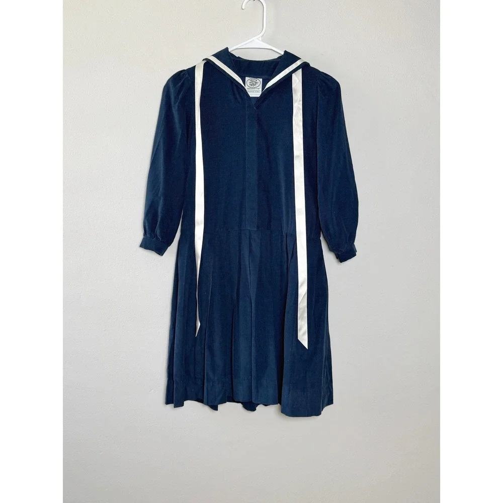 Vintage UK Laura Ashley Dress Sailor Girls Size 9-10‎ Navy Blue Corduroy Pleated